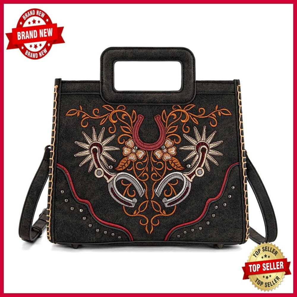 Western Embroidery Crossbody Bag with Top Handle, Vegan Leather Purse